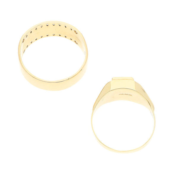Dos anillos diseño especial uno con circonias motivos de la suerte y uno con ónix en oro amarillo 14 kilates.