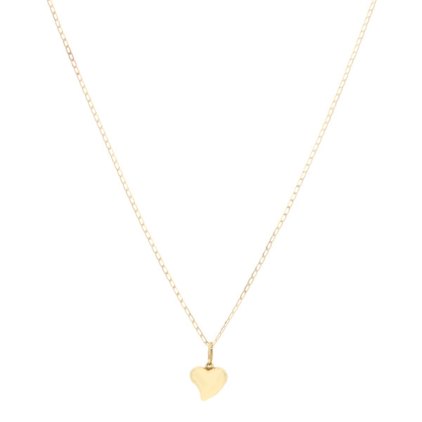 Collar eslabón encontrado y dije hueco motivo corazón en oro amarillo 14 kilates.