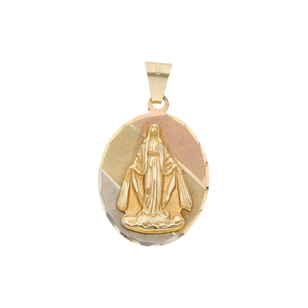Medalla diseño especial motivo Virgen en oro amarillo 14 kilates.