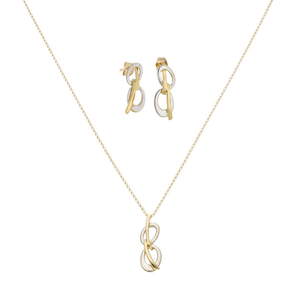 Juego de Gargantilla, dije y aretes diseño especial motivo aros en oro dos tonos 14 kilates.