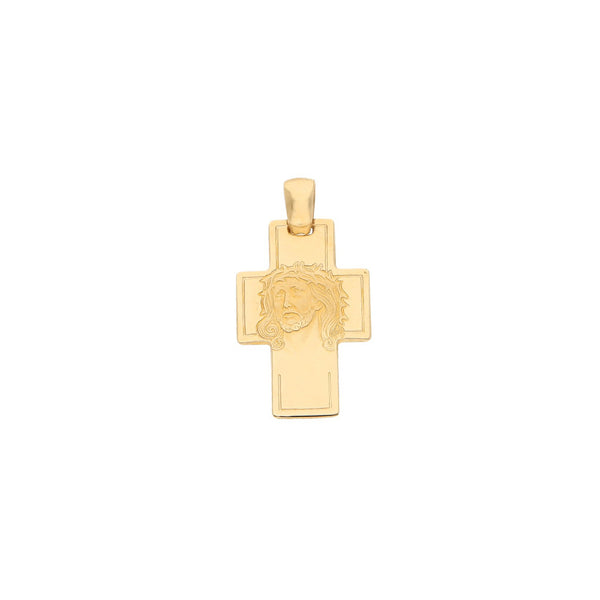 Cruz laminada motivo Divino Rostro en oro amarillo 14 kilates.