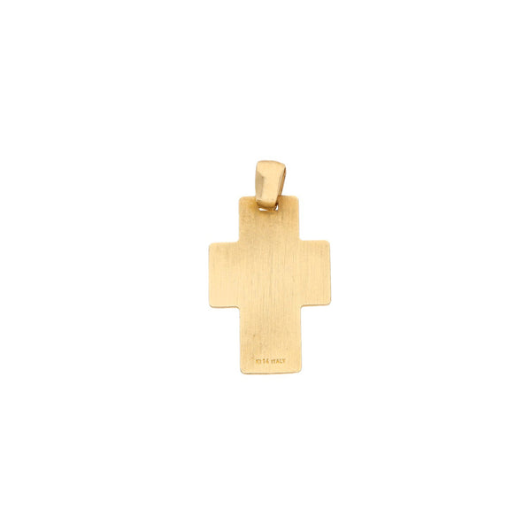 Cruz laminada motivo Divino Rostro en oro amarillo 14 kilates.