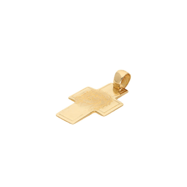 Cruz laminada motivo Divino Rostro en oro amarillo 14 kilates.