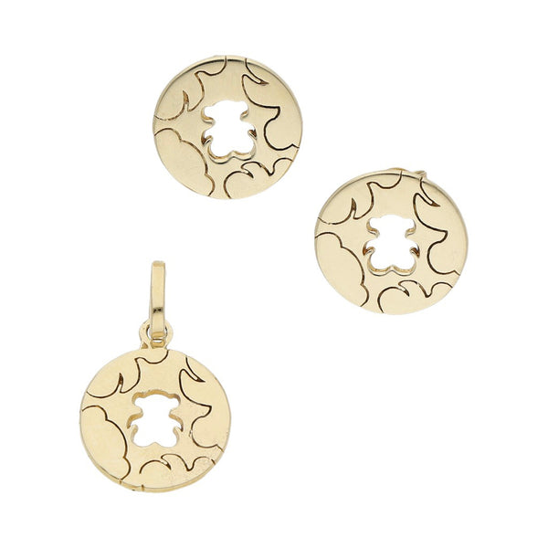 Juego de broqueles y dije diseño especial motivo osos en oro amarillo 14 kilates.