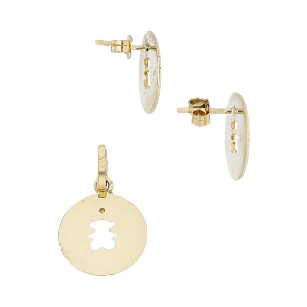 Juego de broqueles y dije diseño especial motivo osos en oro amarillo 14 kilates.