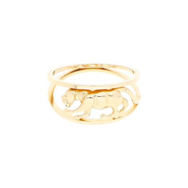 Anillo calado motivo felino en oro amarillo 14 kilates.