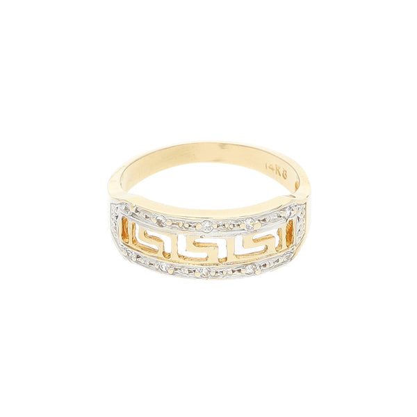 Anillo calado motivo grecas y circonias en oro amarillo 14 kilates.