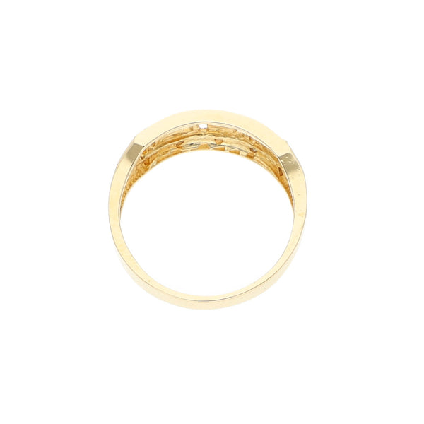 Anillo calado motivo grecas y circonias en oro amarillo 14 kilates.