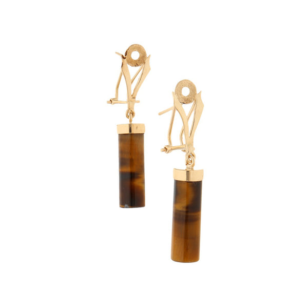 Aretes diseño especial con colgantes y ojo de tigre en oro amarillo 12 kilates.