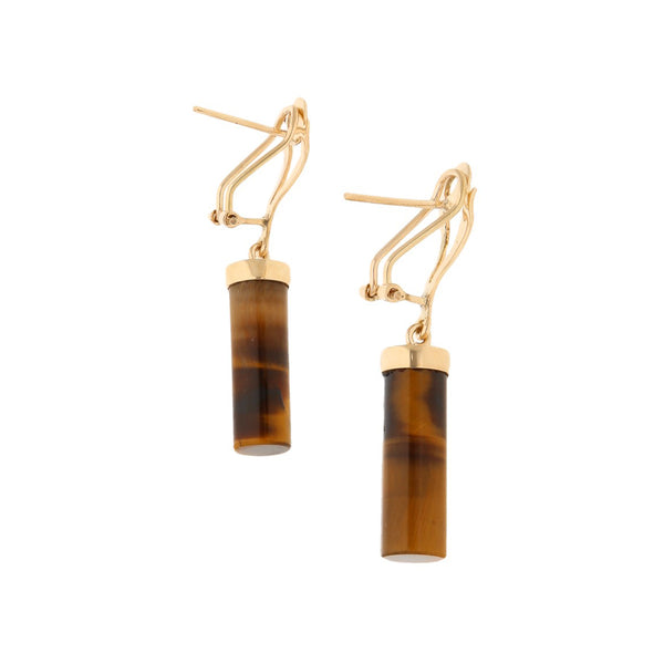 Aretes diseño especial con colgantes y ojo de tigre en oro amarillo 12 kilates.