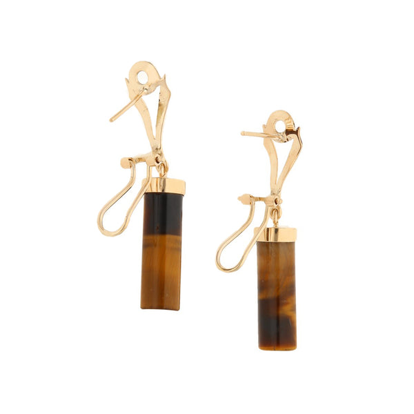 Aretes diseño especial con colgantes y ojo de tigre en oro amarillo 12 kilates.