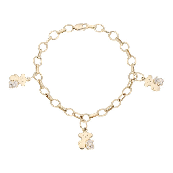 Pulsera eslabón combinado con colgantes y circonias motivo oso en oro amarillo 14 kilates.