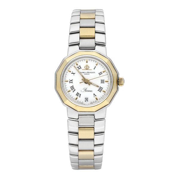 Reloj Baume & Mercier para dama modelo Riviera bisel en oro amarillo 18 kilates.