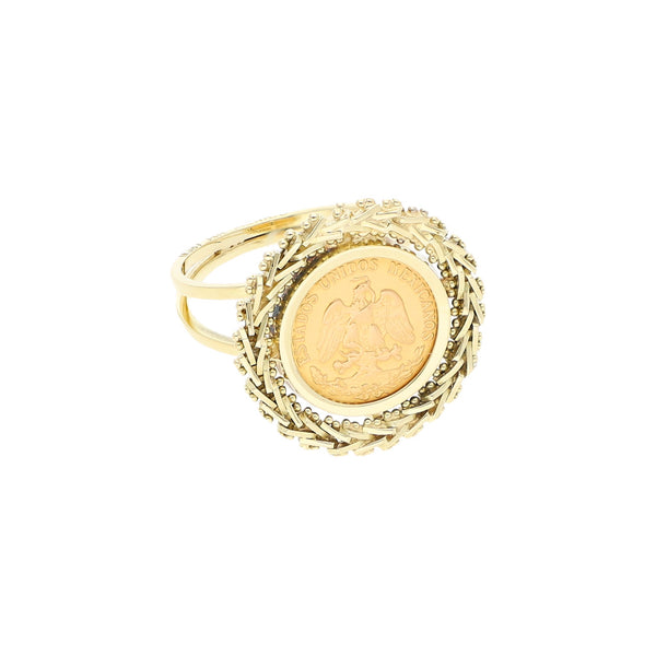 Anillo boleado con moneda de dos pesos oro mexicano 21.6 kilates en oro amarillo 14 kilates.