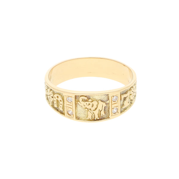 Anillo diseño especial motivo figuras diferentes con circonias en oro amarillo 14 kilates.