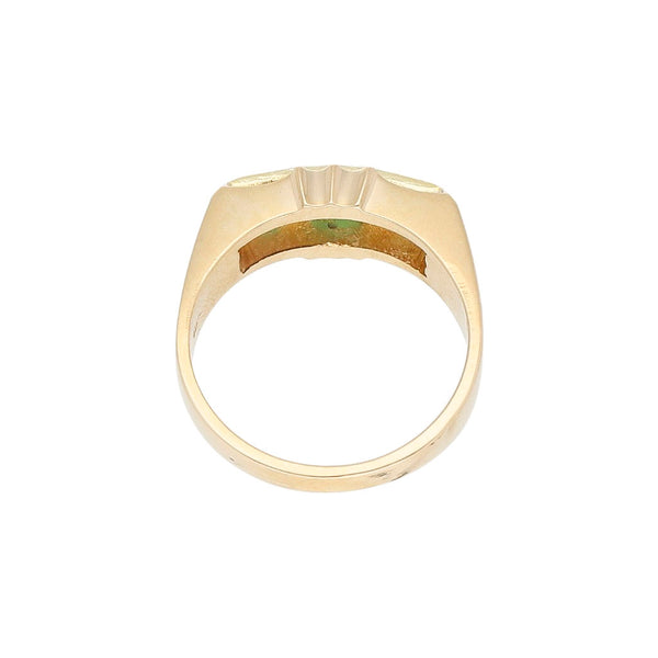 Anillo diseño especial con esmeraldas en oro amarillo 14 kilates.