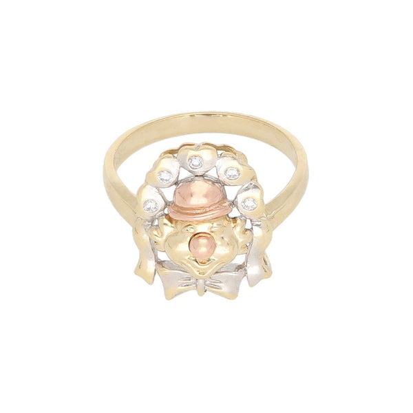 Anillo diseño especial con circonias motivo payaso en oro tres tonos 14 kilates.