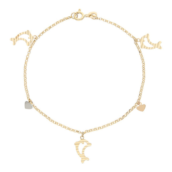 Pulsera eslabón cruzado con colgantes motivo corazón y delfín en oro tres tonos 14 kilates.