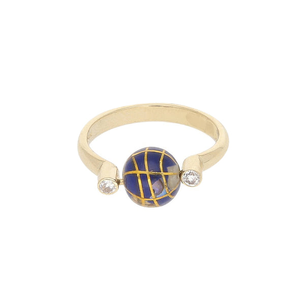 Anillo diseño especial con sintéticos motivo globo terráqueo en oro amarillo 14 kilates.