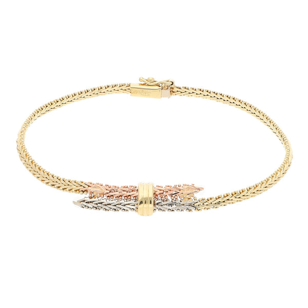 Pulsera eslabón boleado en oro tres tonos 14 kilates.