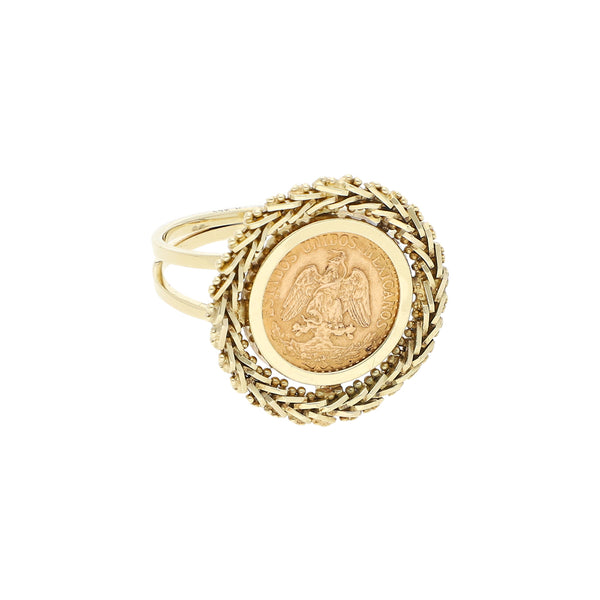 Anillo diseño especial con aplicación moneda de dos pesos oro mexicano 21.6 kilates en oro amarillo 14 kilates.