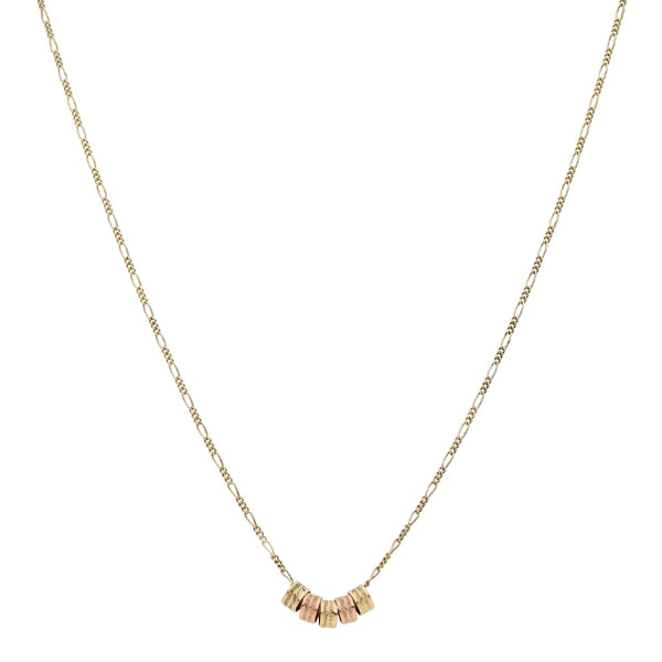 Collar de tres eslabones por uno con aros facetados en oro dos tonos 14 kilates.
