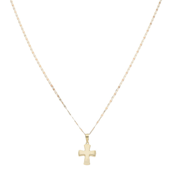 Collar eslabón nudo marino y cruz hueca en oro tres tonos 14 kilates.