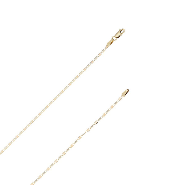 Collar eslabón nudo marino y cruz hueca en oro tres tonos 14 kilates.