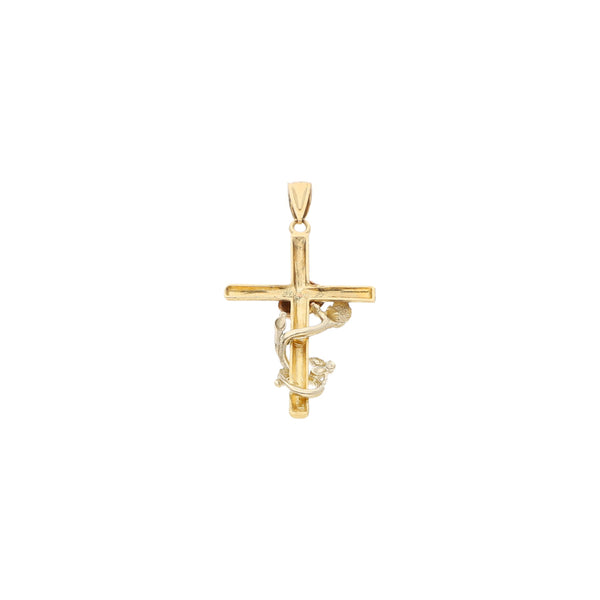 Cruz diseño especial motivo flor en oro tres tonos 14 kilates.
