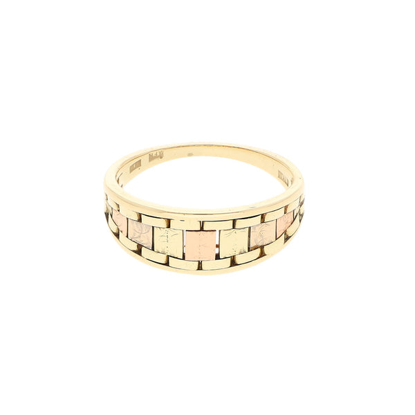 Anillo diseño especial oro tres tonos 14 kilates.