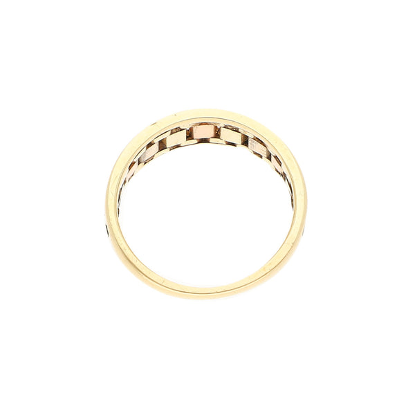 Anillo diseño especial oro tres tonos 14 kilates.