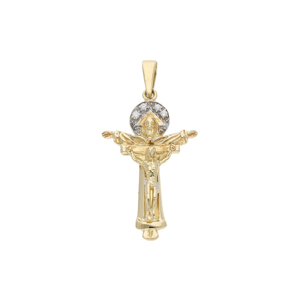 Crucifijo diseño especial con circonias en oro amarillo 14 kilates.