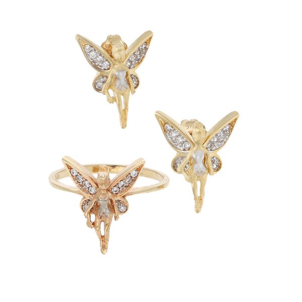 Juego de anillo y aretes diseño especial motivo hada con sintéticos en oro amarillo 14 kilates.