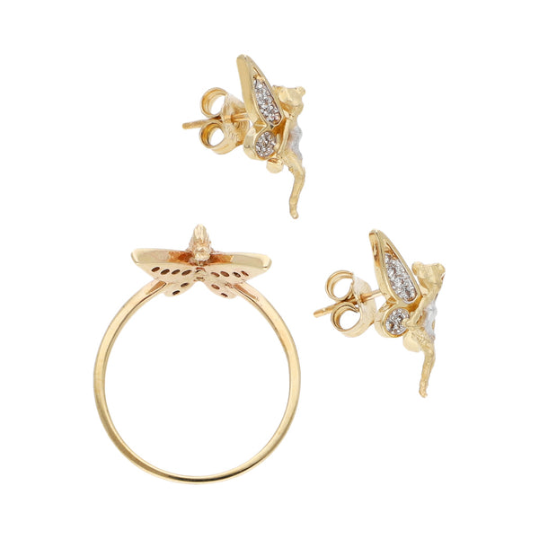 Juego de anillo y aretes diseño especial motivo hada con sintéticos en oro amarillo 14 kilates.