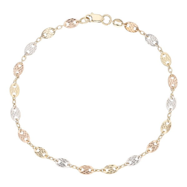 Pulsera eslabón laminado en oro tres tonos 14 kilates.