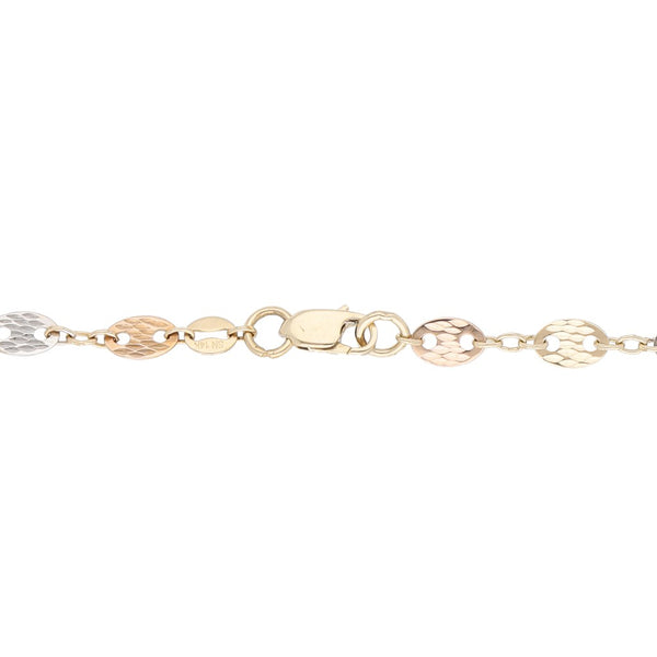 Pulsera eslabón laminado en oro tres tonos 14 kilates.