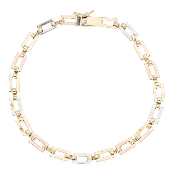 Pulsera eslabón articulado en oro tres tonos 14 kilates.