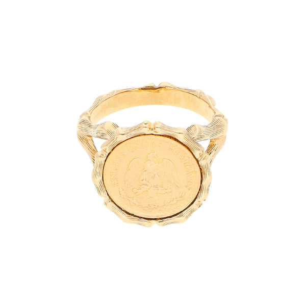 Anillo diseño especial con moneda de dos pesos oro mexicano 21.6 kilates en oro amarillo 14 kilates.
