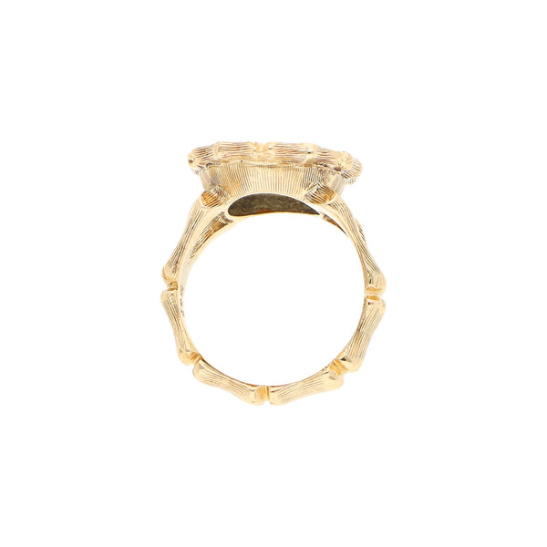 Anillo diseño especial con moneda de dos pesos oro mexicano 21.6 kilates en oro amarillo 14 kilates.