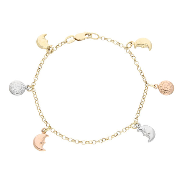 Pulsera eslabón cruzado con colgantes motivo sol y luna en oro tres tonos 14 kilates.