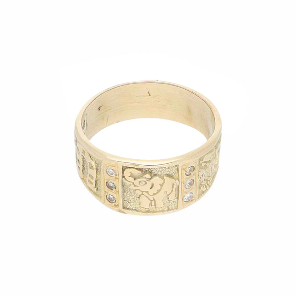 Anillo diseño especial con circonias motivo de la suerte en oro amarillo 14 kilates.