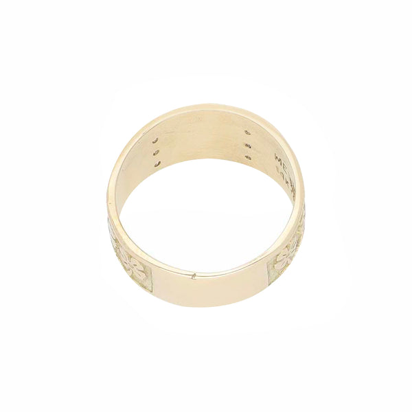 Anillo diseño especial con circonias motivo de la suerte en oro amarillo 14 kilates.