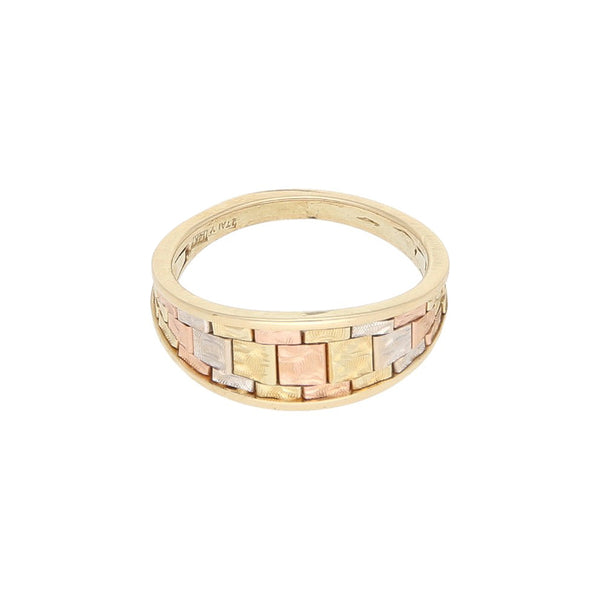 Anillo diseño especial en oro tres tonos 14 kilates.
