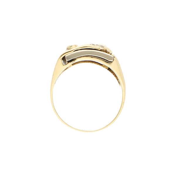 Anillo diseño especial motivo felino con sintéticos en oro tres tonos 14 kilates.