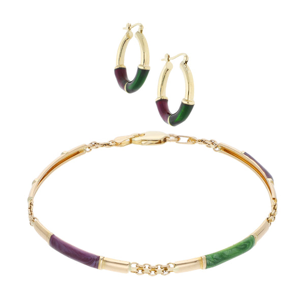 Juego de pulsera eslabón combinado y arracadas diseño especial con resina en oro amarillo 14 kilates.