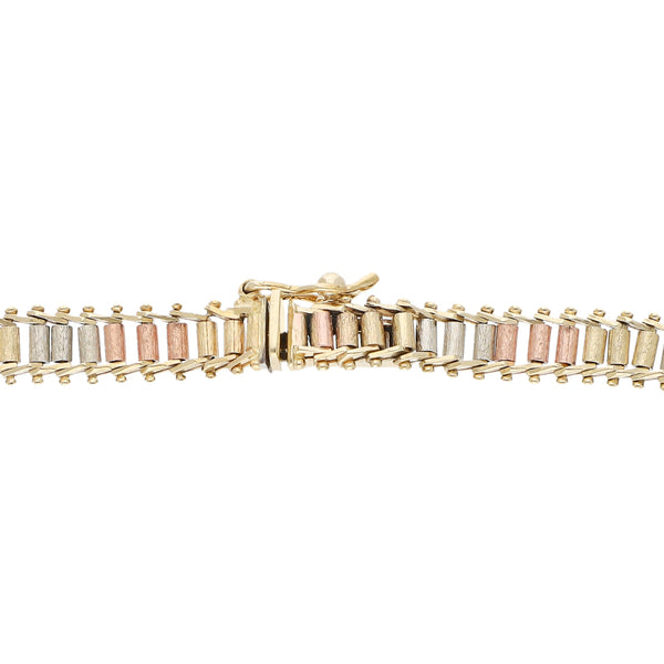 Pulsera eslabón boleado en oro tres tonos 14 kilates.