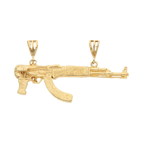 Dije diseño especial motivo fusil en oro amarillo 12 kilates.