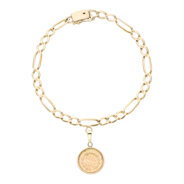 Pulsera de tres eslabones por uno con colgante y moneda de dos pesos oro mexicano 21.6 kilates en oro amarillo 14 kilates.