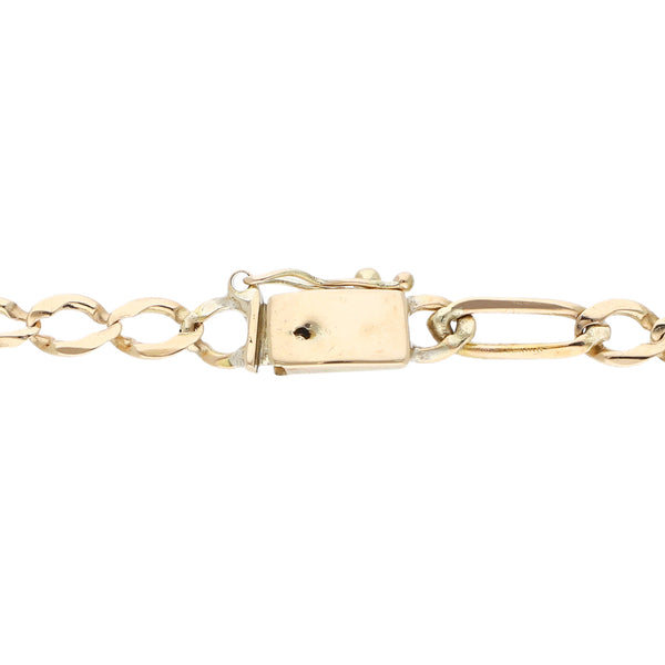 Pulsera de tres eslabones por uno con colgante y moneda de dos pesos oro mexicano 21.6 kilates en oro amarillo 14 kilates.