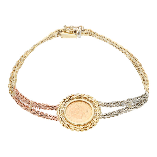 Pulsera de dos hilos eslabón boleado con aplicación y moneda de dos pesos oro mexicano 21.6 kilates en oro tres tonos 14 kilates.